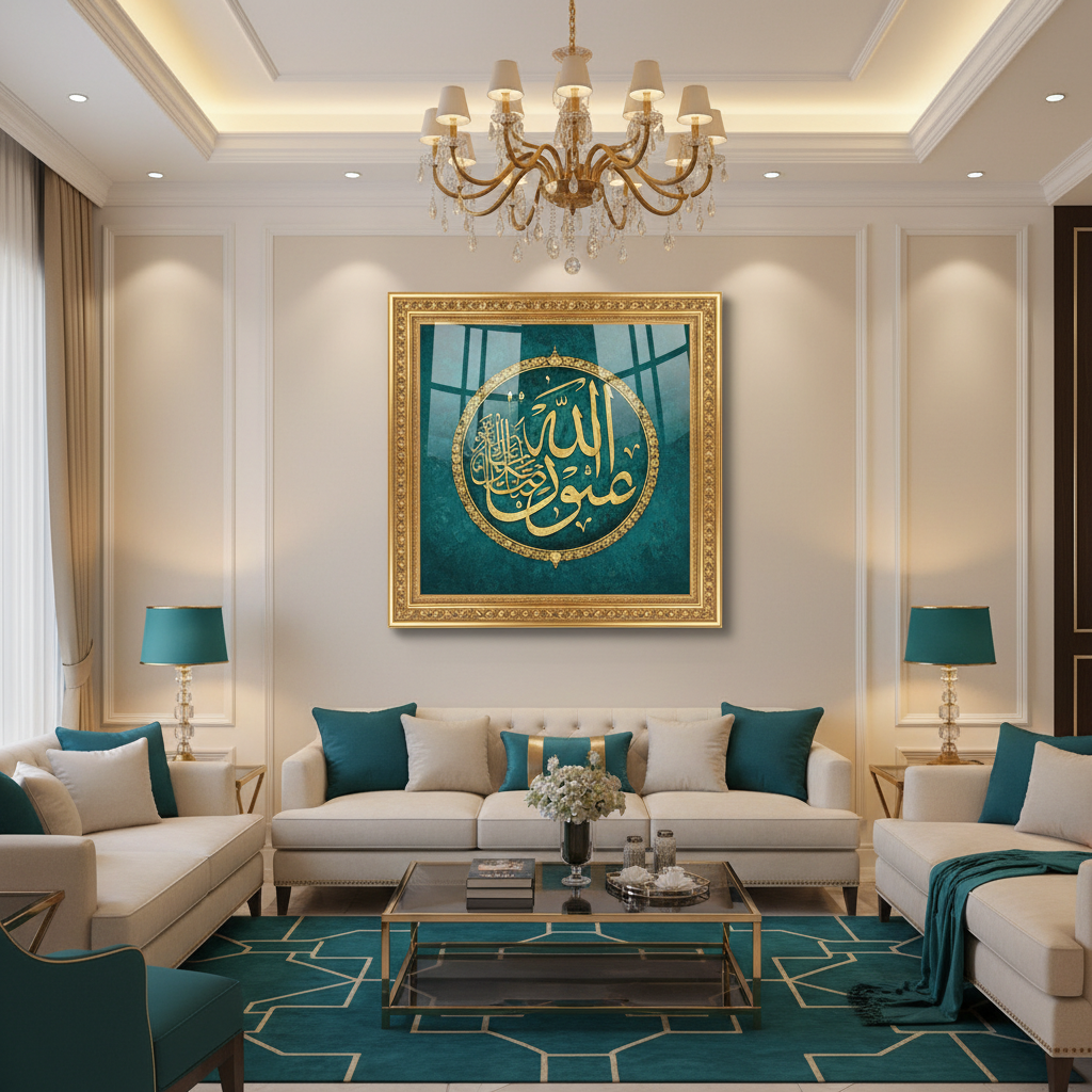 Personalised Islamic calligraphy name piece in luxury gold frame displayed in UAE home