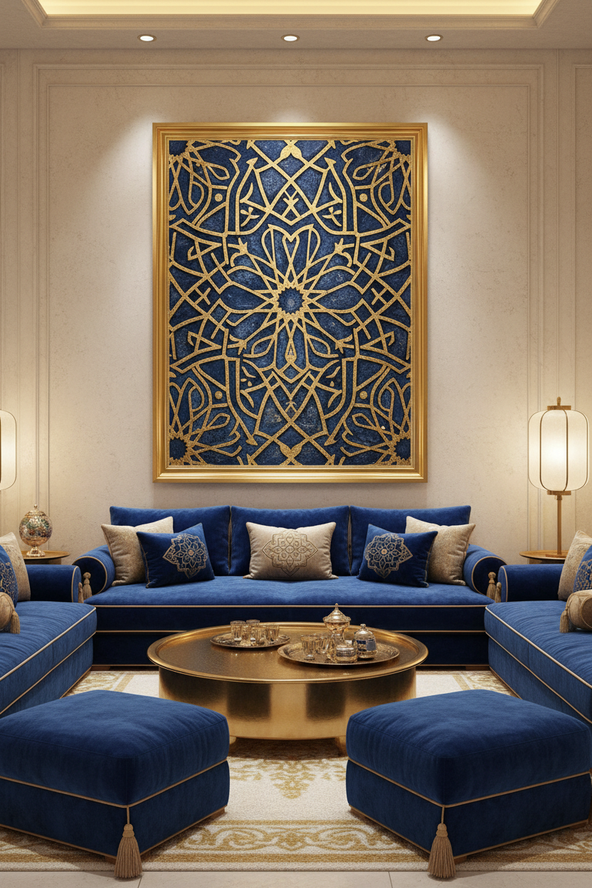 Al-Qasimi tribal calligraphy oud gift set — navy and gold premium frame placeholder