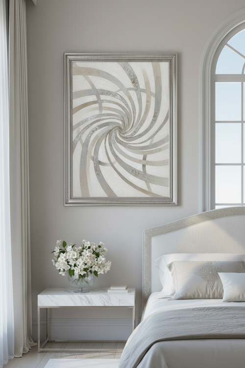 Musk and oud fragrance painting — ivory silver arabesque wall art no text