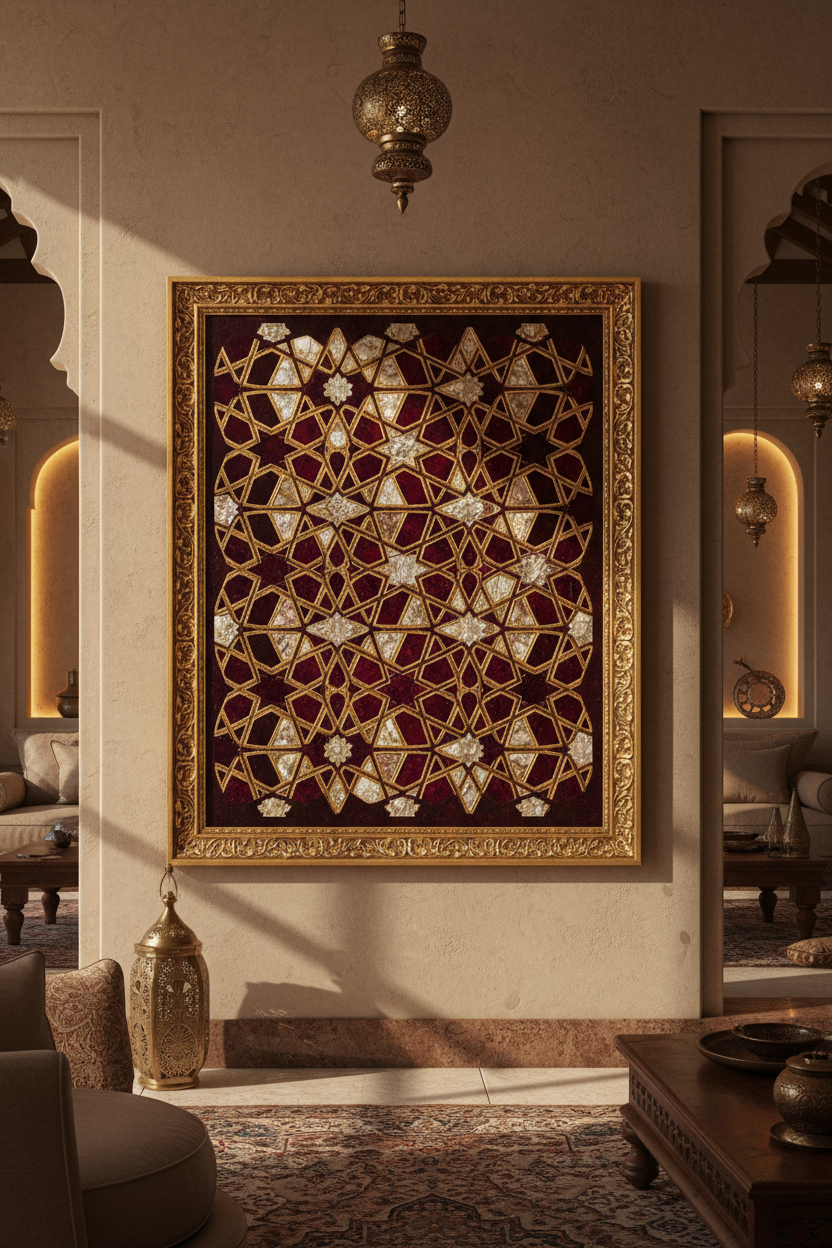 Al-Nuaimi tribal calligraphy oud gift set — burgundy and gold premium frame placeholder