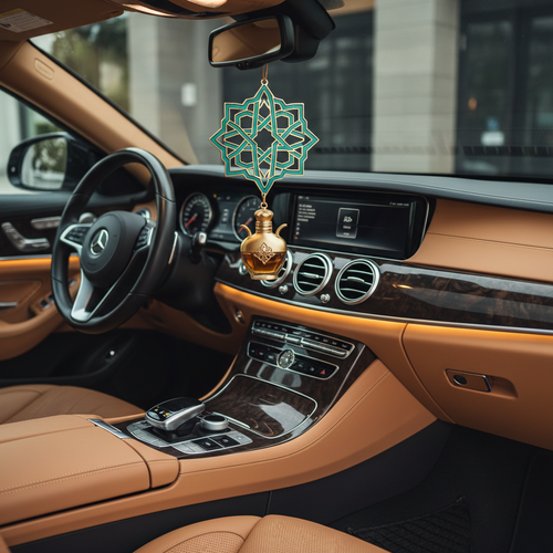 Luxury car oud decoration hanging ornament — teal and gold Islamic geometric design