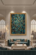 Oud fragrance painting — luxury teal and gold arabesque wall art with no text