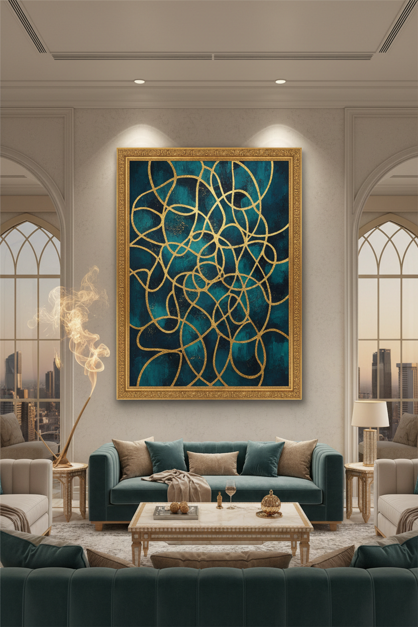Oud fragrance painting — luxury teal and gold arabesque wall art with no text