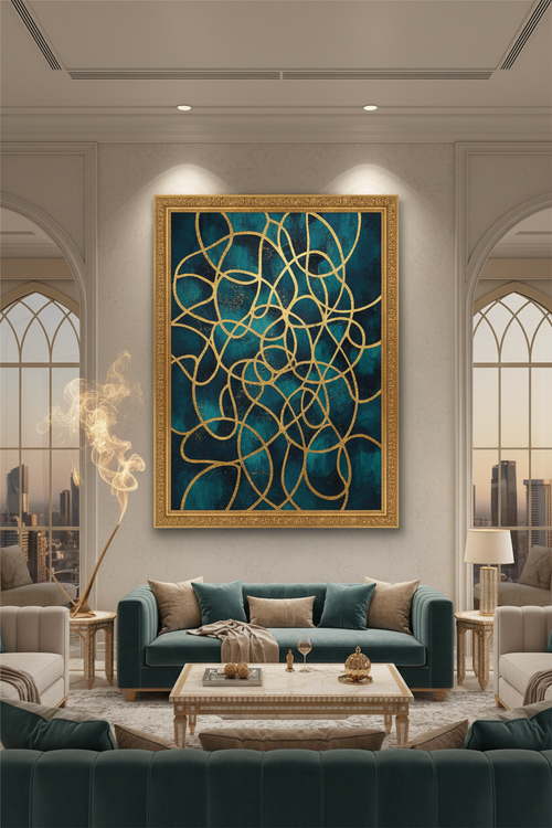 Oud fragrance painting — luxury teal and gold arabesque wall art with no text
